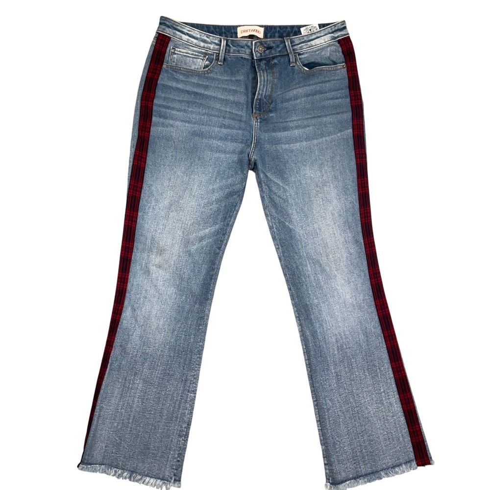 Driftwood Roxy Jeans Women 30x27 Blue Red Plaid Side Stripe Fray Hem Straight